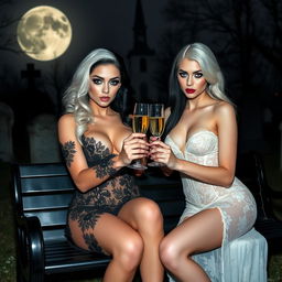 A very beautiful, attractive, curvy shapely young woman with striking white and black hair, dressed in a very tight low-cut black lace gown