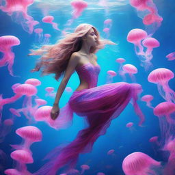 An enchanting undersea spectacle of a beautiful mermaid gracefully navigating through a mesmerizing swarm of electric pink jellyfish, illuminating the surrounding azure waters.