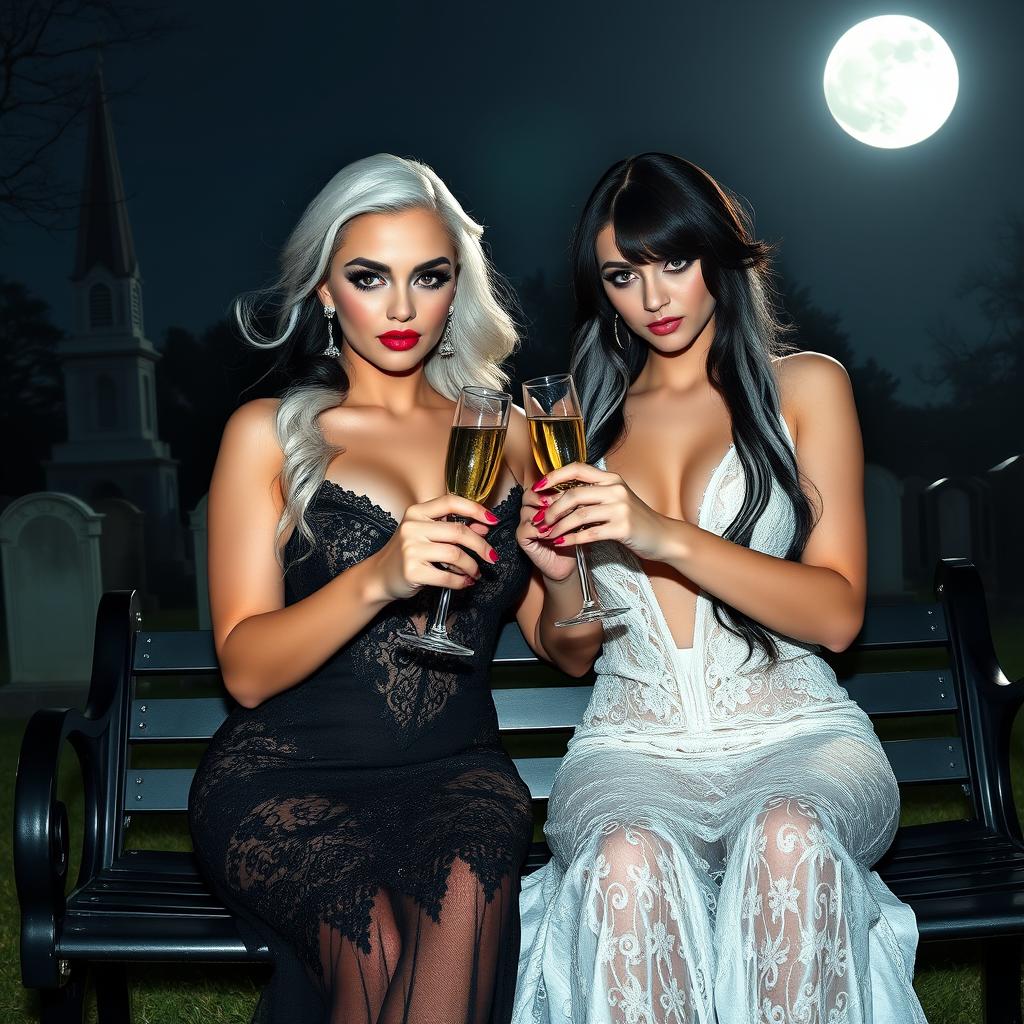 A very beautiful, attractive, and stunning curvy young woman with striking white and black hair, wearing a tight low-cut black lace gown
