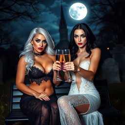 A very beautiful, attractive, and stunning curvy young woman with striking white and black hair, wearing a tight low-cut black lace gown