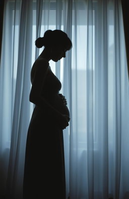 A cover featuring the silhouette of a young woman from the side, dressed in a simple dress, her hands gently cradling her pregnant belly