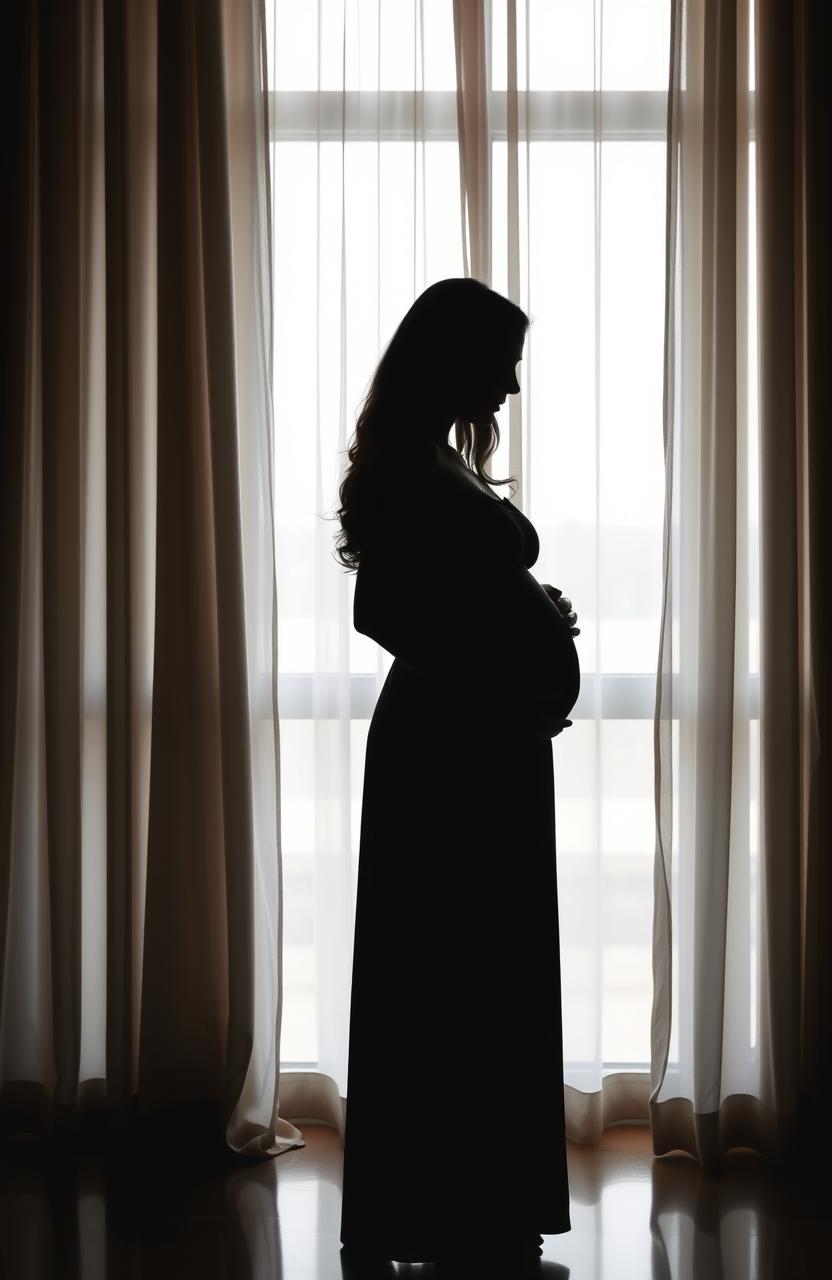 A cover featuring the silhouette of a young woman from the side, dressed in a simple dress, her hands gently cradling her pregnant belly