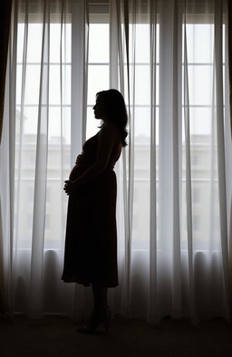 A cover featuring the silhouette of a young woman from the side, dressed in a simple dress, her hands gently cradling her pregnant belly