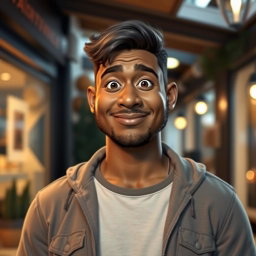 A stocky mocha-colored man with roundish almond-shaped eyes, a turned-up nose, and thin lips, standing confidently in a casual setting