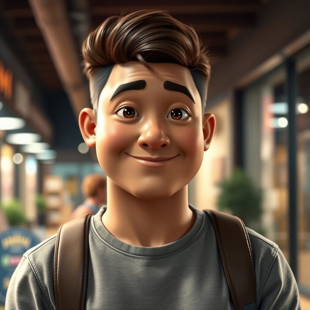 A stocky mocha-colored man with roundish almond-shaped eyes, a turned-up nose, and thin lips, standing confidently in a casual setting
