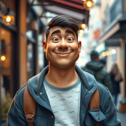 A stocky mocha-colored man with roundish almond-shaped eyes, a turned-up nose, and thin lips, standing confidently in a casual setting