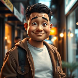 A stocky mocha-colored man with roundish almond-shaped eyes, a turned-up nose, and thin lips, standing confidently in a casual setting