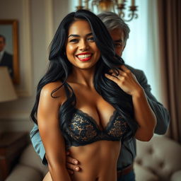 A sensual yet tasteful depiction of a confident and alluring 28-year-old Indonesian woman with a curvy figure
