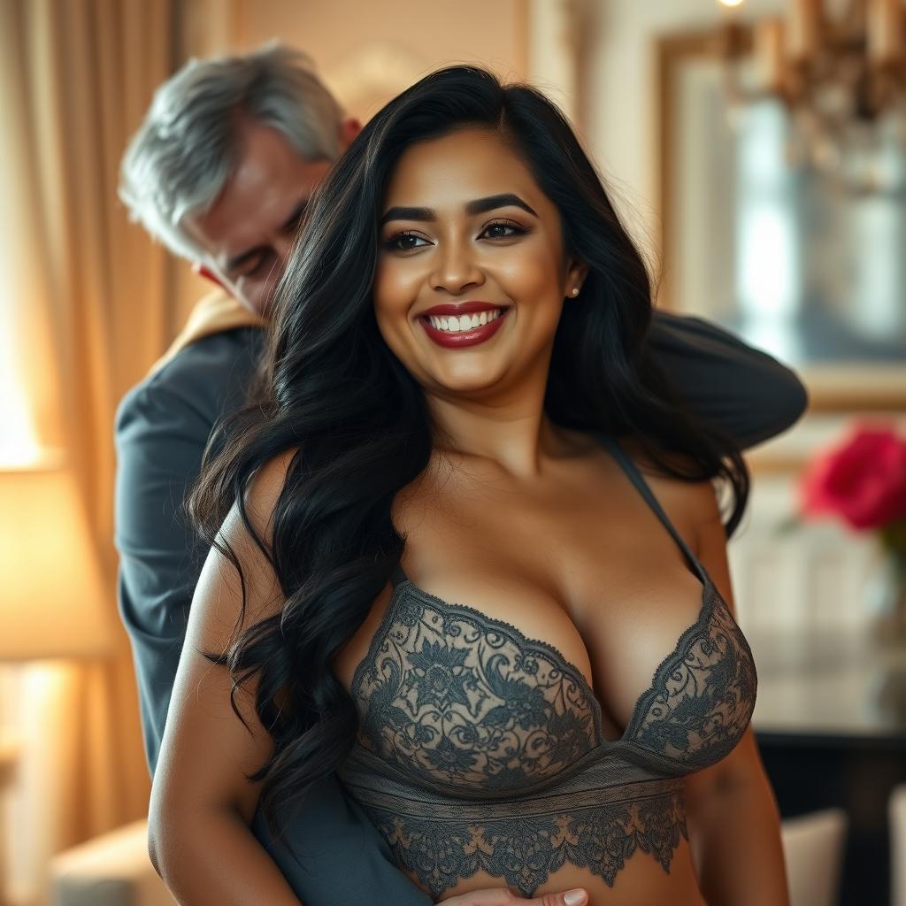 A sensual yet tasteful depiction of a confident and alluring 28-year-old Indonesian woman with a curvy figure