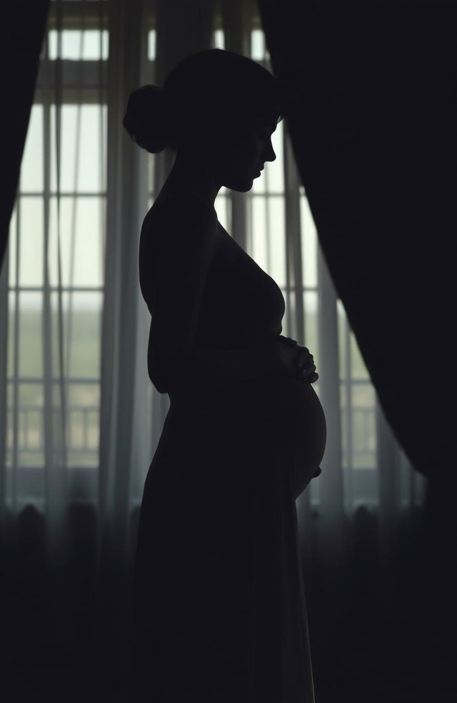 A side silhouette of a young woman wearing a simple dress, gently embracing her pregnant belly