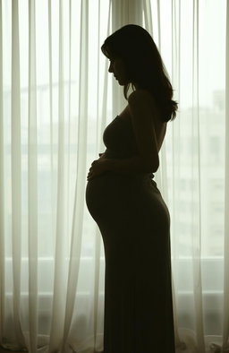 A side silhouette of a young woman wearing a simple dress, gently embracing her pregnant belly