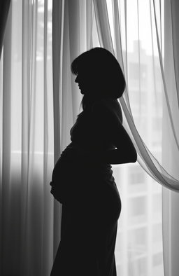 A side silhouette of a young woman wearing a simple dress, gently embracing her pregnant belly