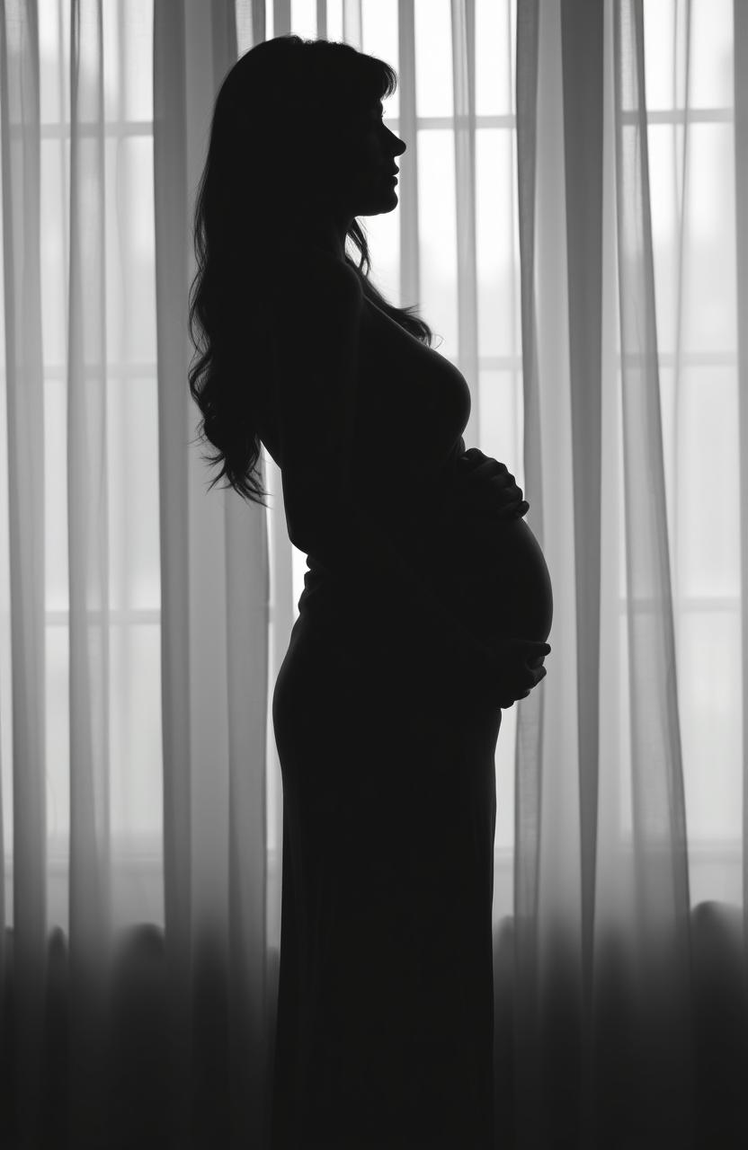 A side silhouette of a young woman wearing a simple dress, gently embracing her pregnant belly