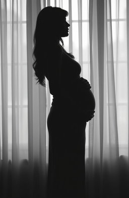 A side silhouette of a young woman wearing a simple dress, gently embracing her pregnant belly