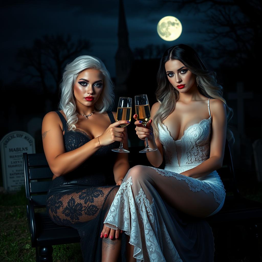 A captivating scene featuring a very beautiful, attractive, and stunning curvy young woman with striking white and black hair, clad in a tight low-cut black lace gown