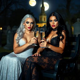 A captivating scene featuring a very beautiful, attractive, and stunning curvy young woman with striking white and black hair, clad in a tight low-cut black lace gown