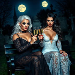 A captivating scene featuring a very beautiful, attractive, and stunning curvy young woman with striking white and black hair, clad in a tight low-cut black lace gown