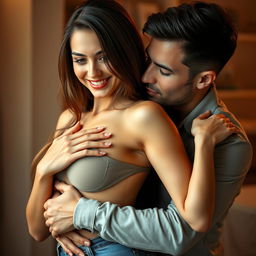 A sexy, slim, busty young woman playfully touching her chest while being embraced from behind by a man who is hugging her in a lustful manner, clearly enjoying her curves