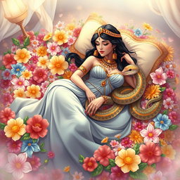 An enchanting illustration of Cleopatra lying gracefully on a luxurious bed of colorful flowers, surrounded by a vibrant array of blooms in various shades