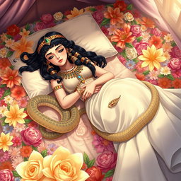 An enchanting illustration of Cleopatra lying gracefully on a luxurious bed of colorful flowers, surrounded by a vibrant array of blooms in various shades