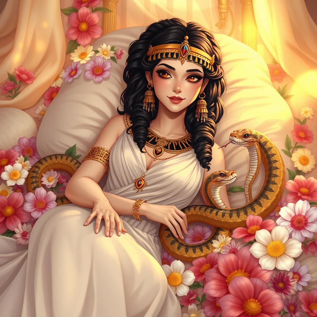 An enchanting illustration of Cleopatra lying gracefully on a luxurious bed of colorful flowers, surrounded by a vibrant array of blooms in various shades