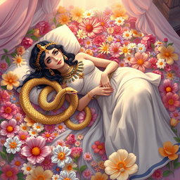 An enchanting illustration of Cleopatra lying gracefully on a luxurious bed of colorful flowers, surrounded by a vibrant array of blooms in various shades