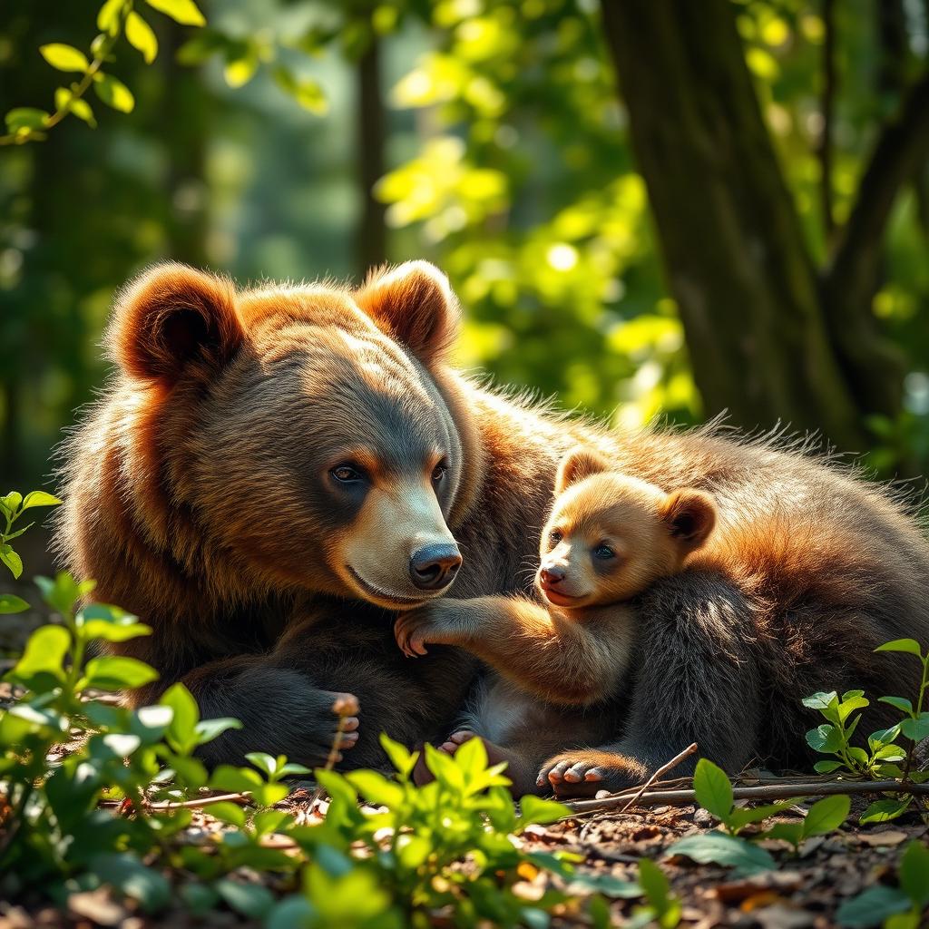 A cute bear cub nursing from its mother in a serene forest setting