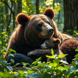 A cute bear cub nursing from its mother in a serene forest setting
