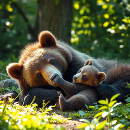 A cute bear cub nursing from its mother in a serene forest setting