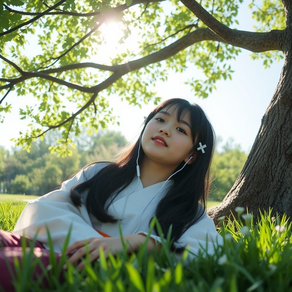 A young Japanese girl relaxing under a shady tree on a bright sunny day