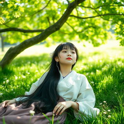 A young Japanese girl relaxing under a shady tree on a bright sunny day