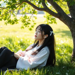 A young Japanese girl relaxing under a shady tree on a bright sunny day