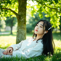 A young Japanese girl relaxing under a shady tree on a bright sunny day