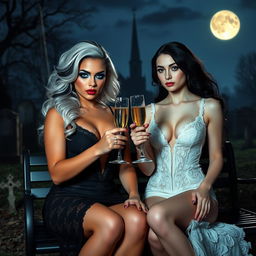 A very beautiful, attractive, and stunning curvy young woman with white and black hair, wearing a tight low-cut black lace gown
