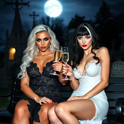 A very beautiful, attractive, and stunning curvy young woman with white and black hair, wearing a tight low-cut black lace gown