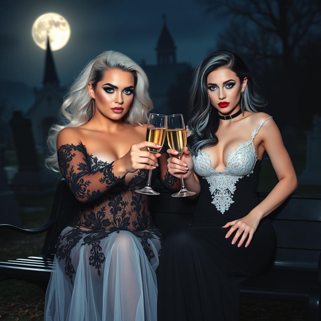 A very beautiful, attractive, and stunning curvy young woman with white and black hair, wearing a tight low-cut black lace gown