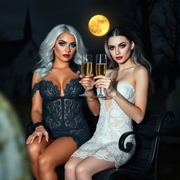 A very beautiful, attractive, and stunning curvy young woman with white and black hair, wearing a tight low-cut black lace gown