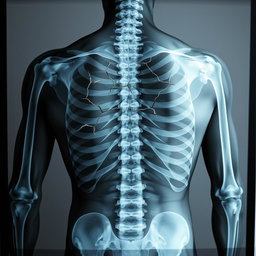 An X-ray photo of a human back displaying multiple cracks and fractures, focusing on the spine, ribs, and scapula