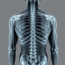 An X-ray photo of a human back displaying multiple cracks and fractures, focusing on the spine, ribs, and scapula