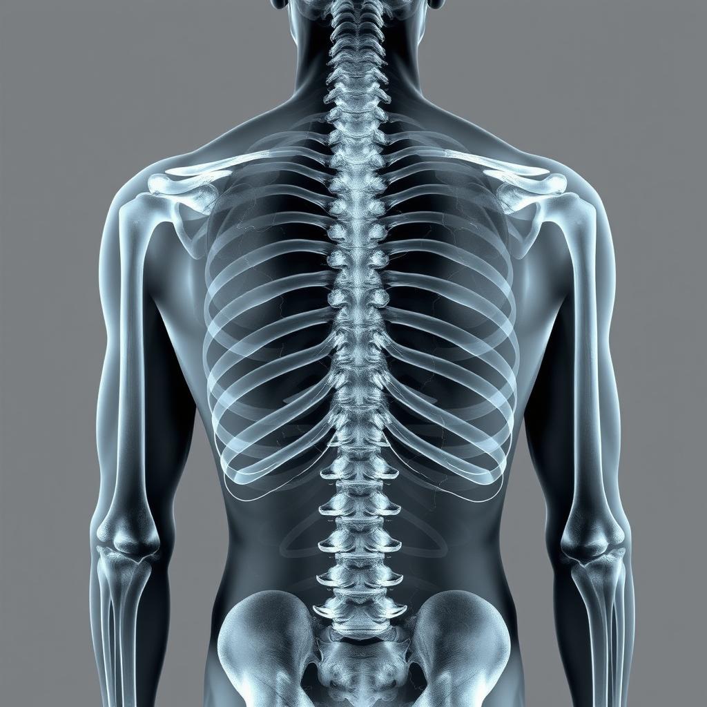 An X-ray photo of a human back displaying multiple cracks and fractures, focusing on the spine, ribs, and scapula