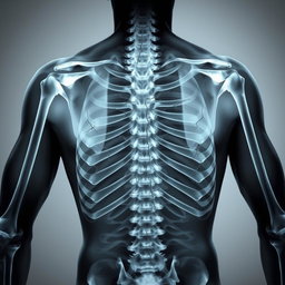 An X-ray photo of a human back displaying multiple cracks and fractures, focusing on the spine, ribs, and scapula