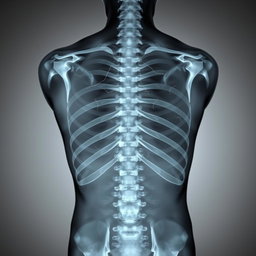 An X-ray photo of a human back displaying multiple cracks and fractures, focusing on the spine, ribs, and scapula