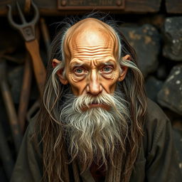 A very thin elderly man with a bald head, styled in a 'U' shape but with long hair flowing down
