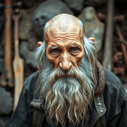 A very thin elderly man with a bald head, styled in a 'U' shape but with long hair flowing down