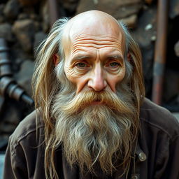 A very thin elderly man with a bald head, styled in a 'U' shape but with long hair flowing down