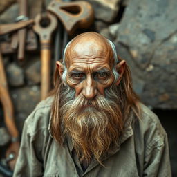 A very thin elderly man with a bald head, styled in a 'U' shape but with long hair flowing down