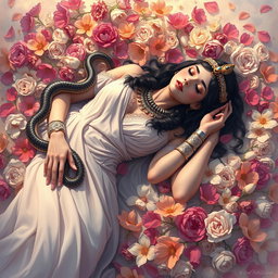 A poignant and artistically rendered illustration of Cleopatra lying lifeless on a soft bed of colorful flowers, surrounded by petals in various hues, symbolizing beauty and tragedy