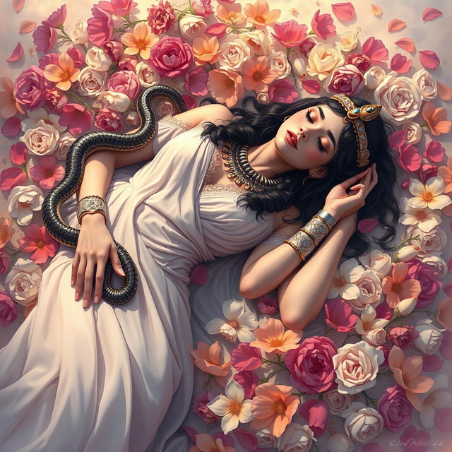 A poignant and artistically rendered illustration of Cleopatra lying lifeless on a soft bed of colorful flowers, surrounded by petals in various hues, symbolizing beauty and tragedy