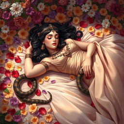 A poignant and artistically rendered illustration of Cleopatra lying lifeless on a soft bed of colorful flowers, surrounded by petals in various hues, symbolizing beauty and tragedy