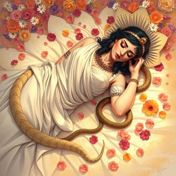 A poignant and artistically rendered illustration of Cleopatra lying lifeless on a soft bed of colorful flowers, surrounded by petals in various hues, symbolizing beauty and tragedy